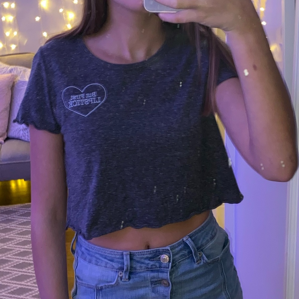 cropped t-shirt that says “but first lipstick”